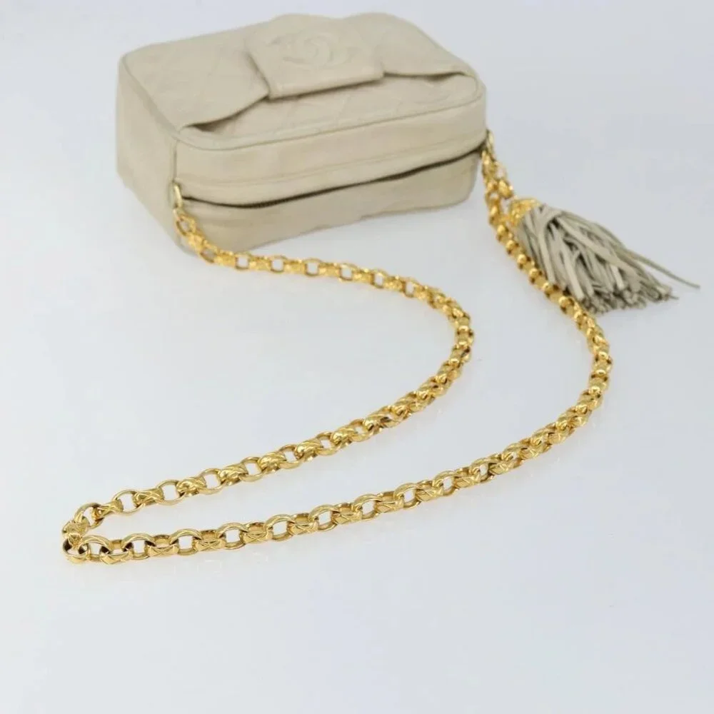 CHANEL Matelasse Chain Shoulder Bag Lamb Skin Beige Gold CC Auth BA8033 - Picture 6 of 16